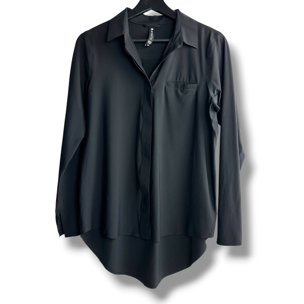 Athleta Urbanite Button Down Top Women XS Black High Low Long Sleeve 530498